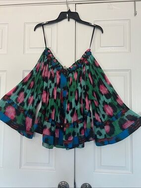 KENZO by H&M Flowy Off-Shoulder Bell Sleeve Multicolor Chiffon Pleated Blouse 2